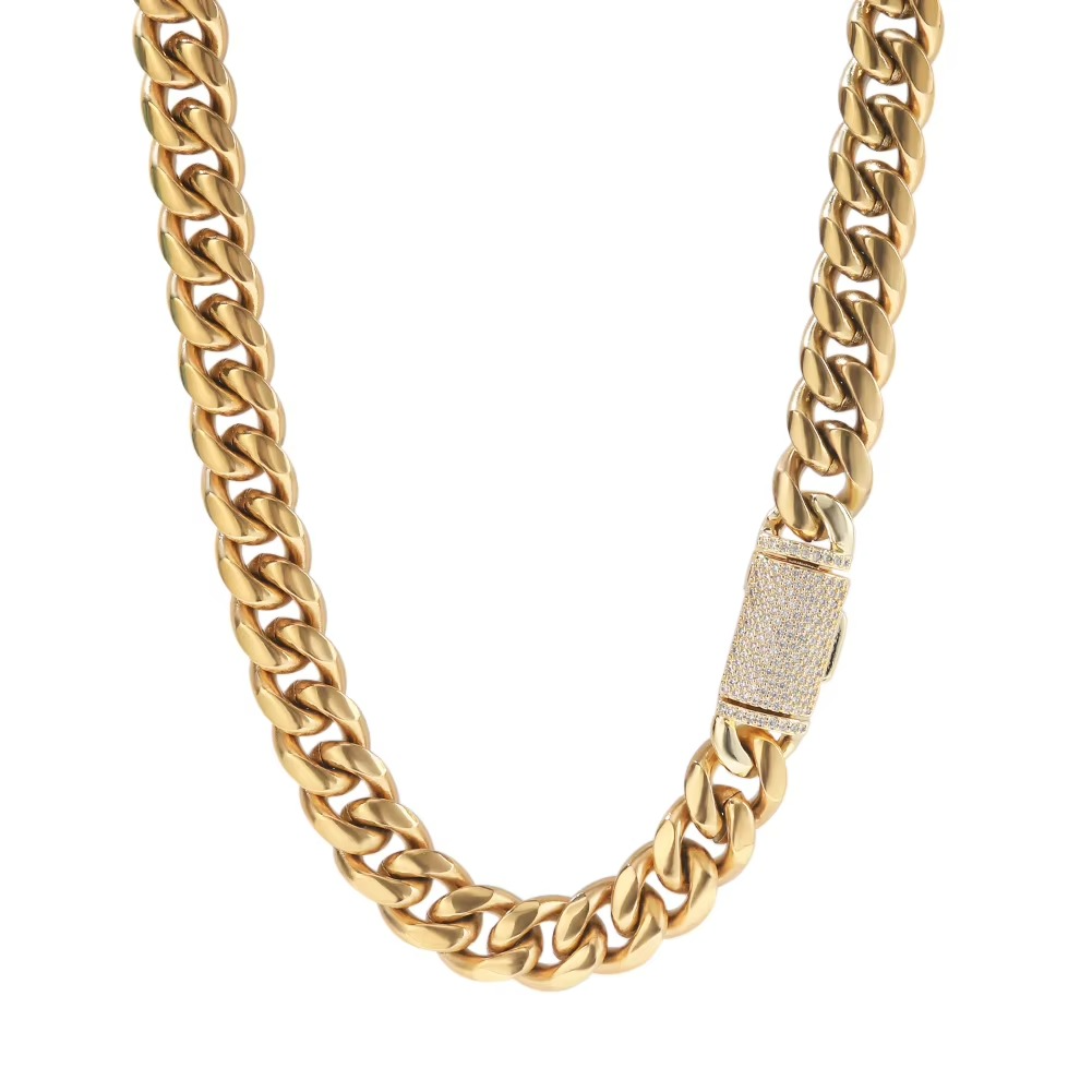 8mm/10mm/12mm Stainless Steel Cuban Link Chain – 18K Gold Plated Men’s Necklace