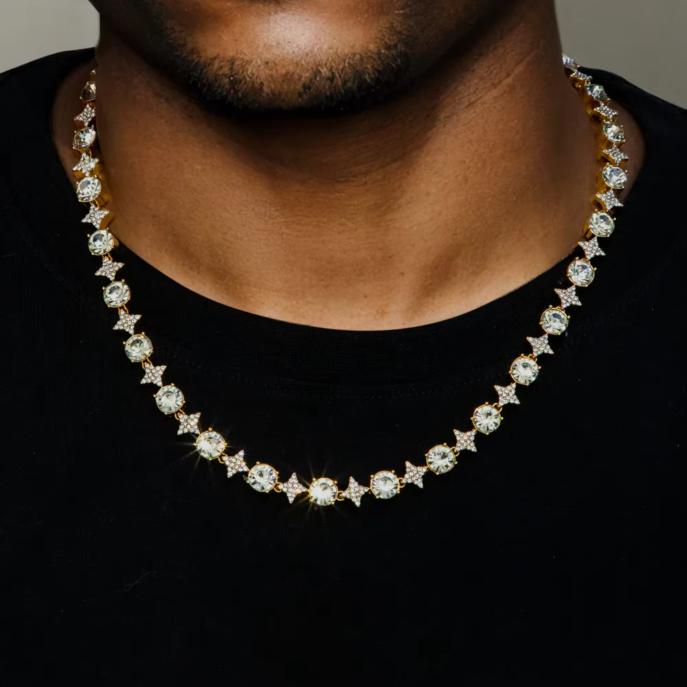 Star-Cut Geometric Tennis Chain – Iced Out Zircon Link Necklace for Men & Women