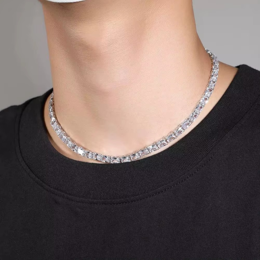 Iced Baguette Tennis Chain – 7–20 Inch Rhodium Plated Cubic Zircon Necklace for Men & Women