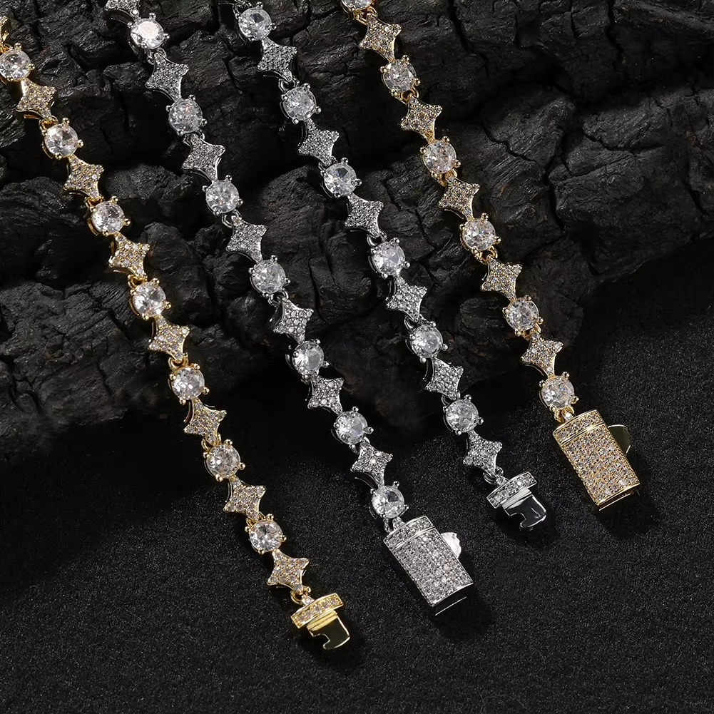 Star-Cut Geometric Tennis Chain – Iced Out Zircon Link Necklace for Men & Women