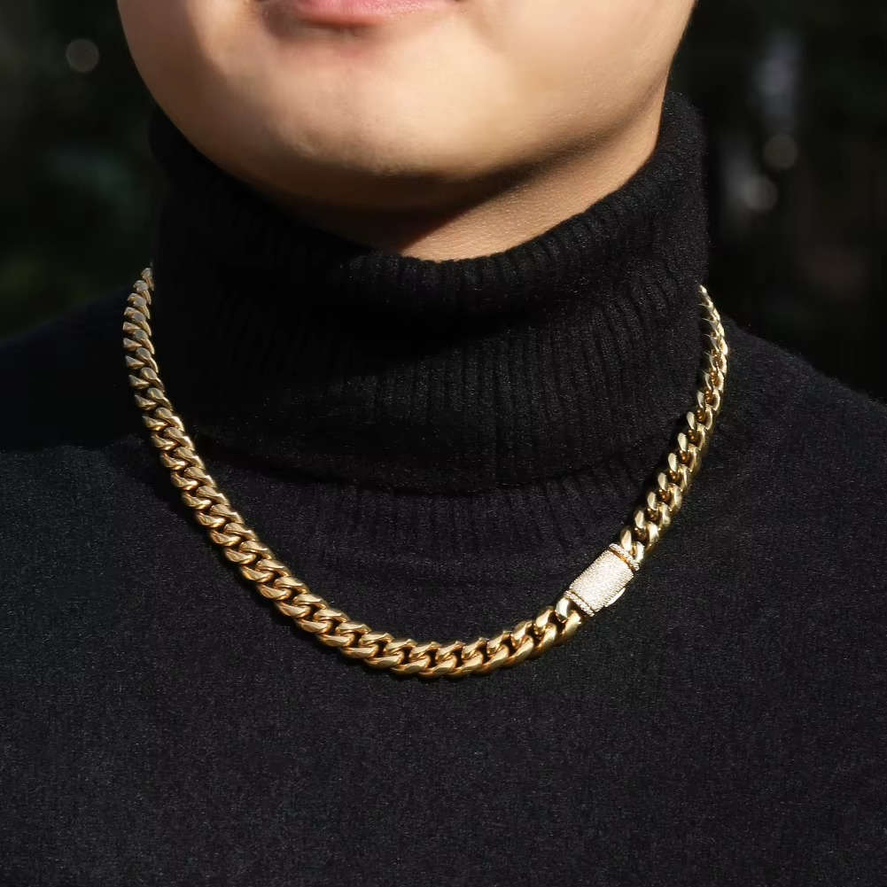 8mm/10mm/12mm Stainless Steel Cuban Link Chain – 18K Gold Plated Men’s Necklace