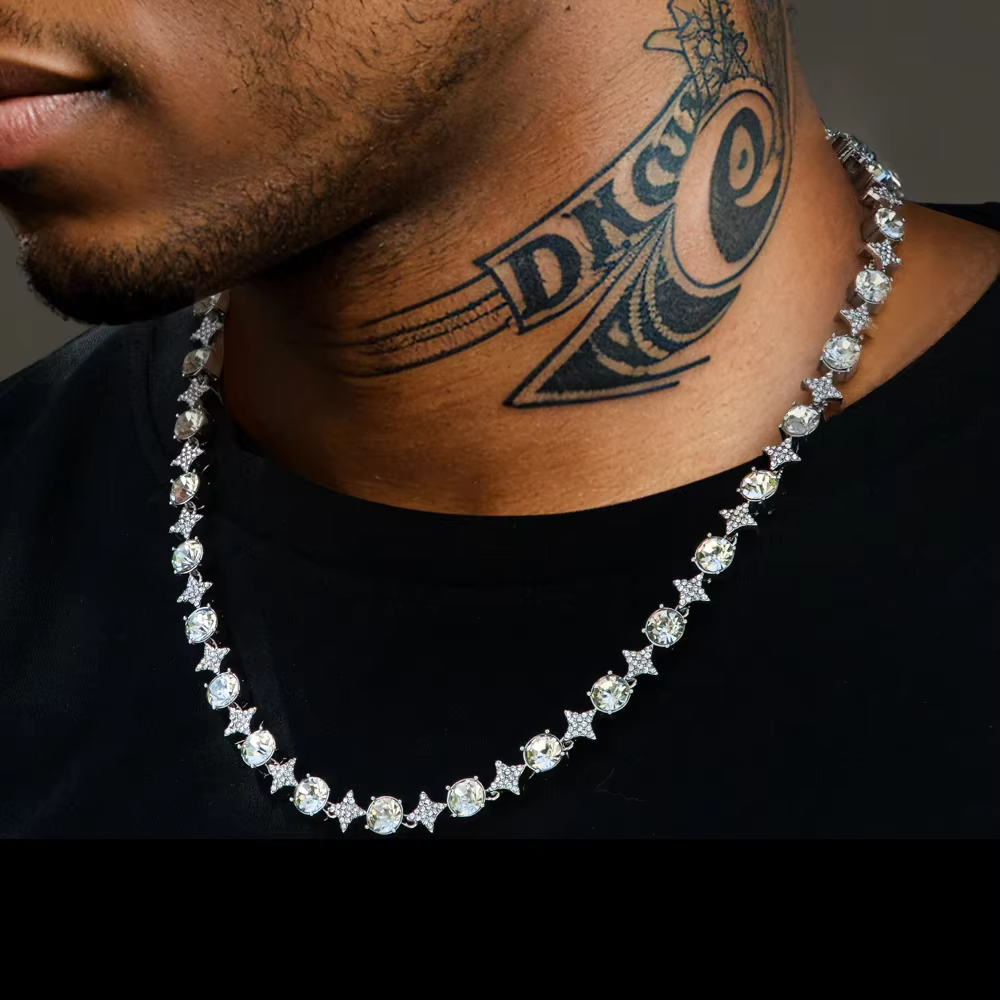 Star-Cut Geometric Tennis Chain – Iced Out Zircon Link Necklace for Men & Women