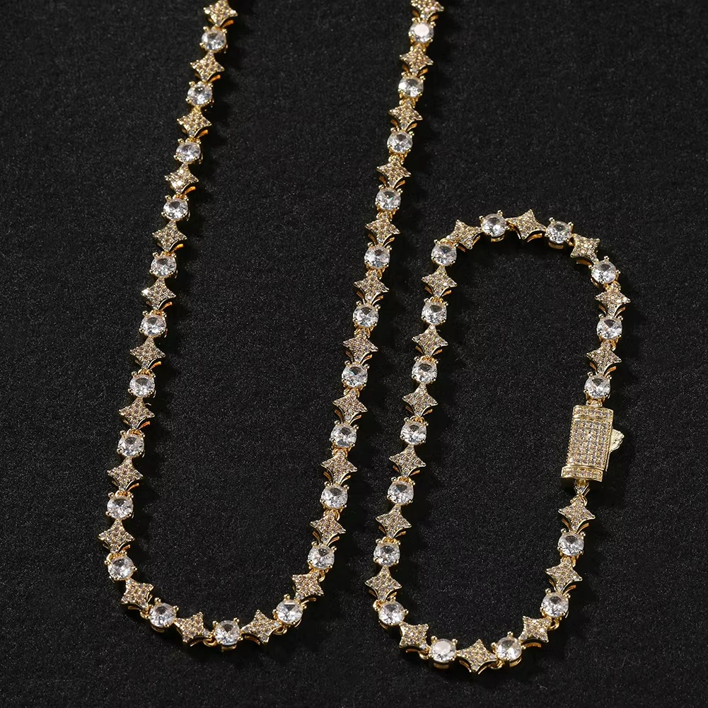 Star-Cut Geometric Tennis Chain – Iced Out Zircon Link Necklace for Men & Women