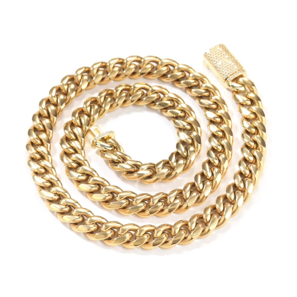 8mm/10mm/12mm Stainless Steel Cuban Link Chain – 18K Gold Plated Men’s Necklace