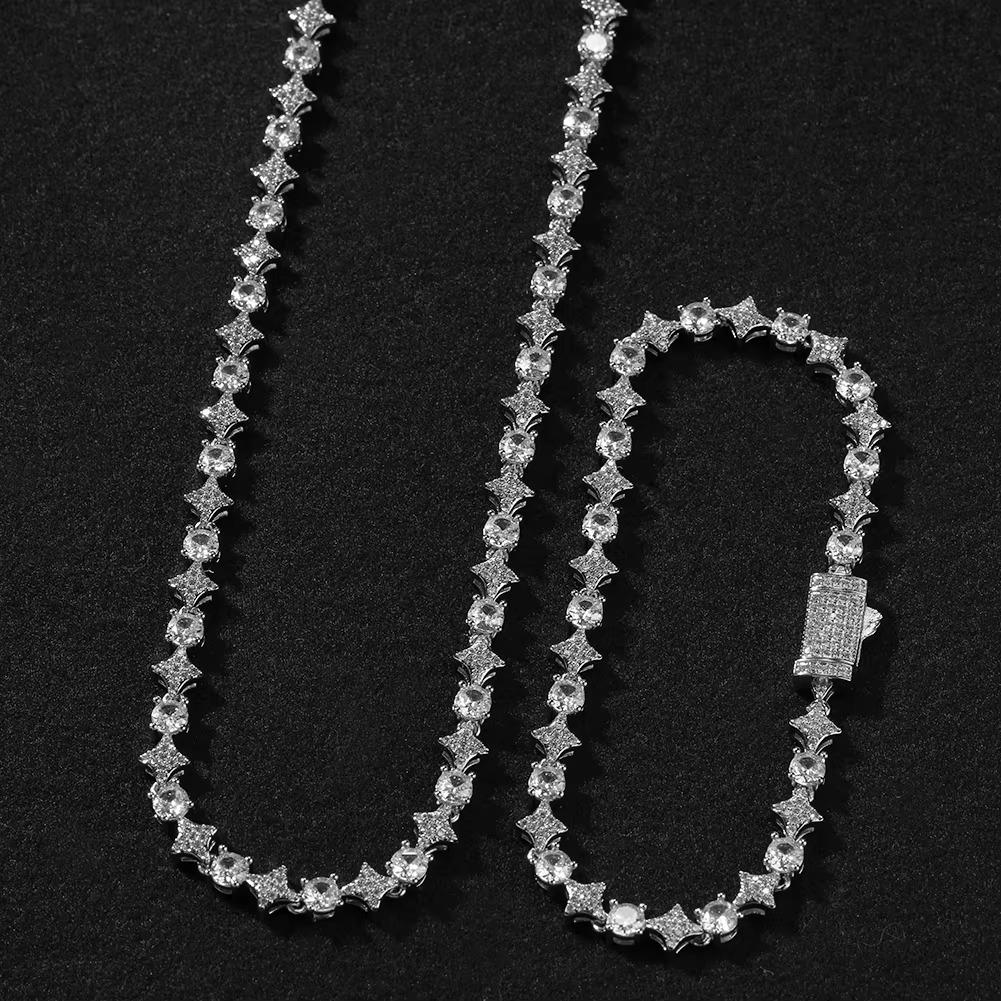 Star-Cut Geometric Tennis Chain – Iced Out Zircon Link Necklace for Men & Women