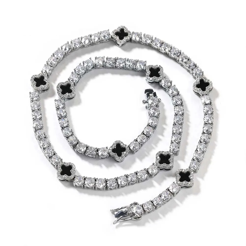 4 mm Iced Four-Leaf Clover Tennis Chain – Black Clover Zircon Necklace for Men & Women