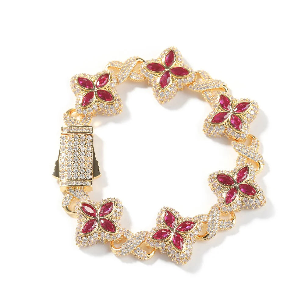 Club Icône 19MM Gold Ultra Bold Iced Out CZ Four Leaf Clover Infinity Link Bracelet